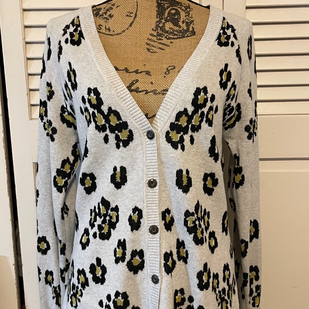 Cabi, white with leopard patter,n, cardigan sweater ,  M